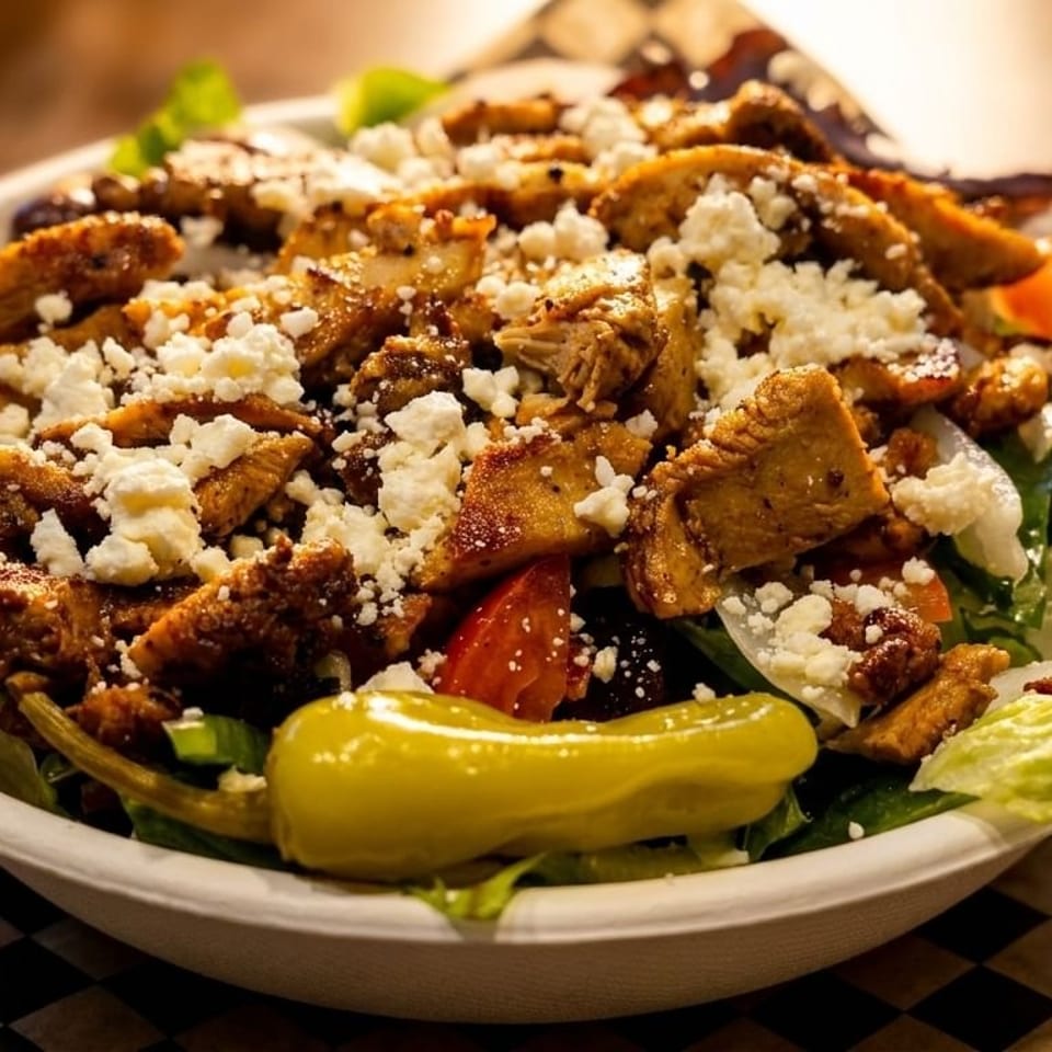 A close-up of a vibrant salad with grilled chicken, feta cheese, and a pepperoncini.