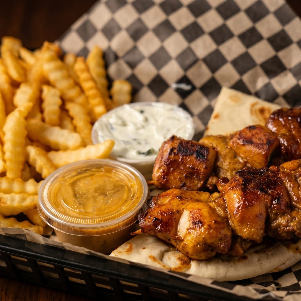 Chicken skewers with fries, pita bread, and two dipping sauces in a black basket.