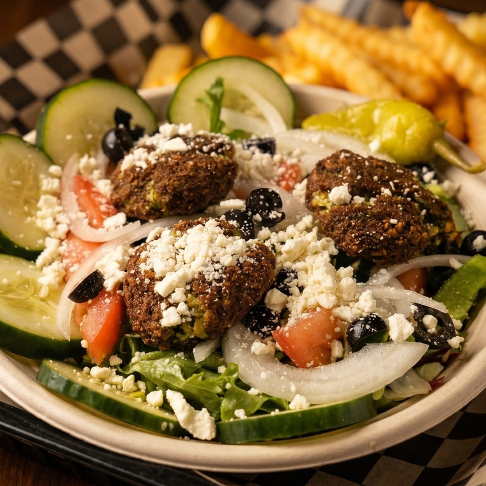 Falafel salad with feta, cucumbers, tomatoes, onions, olives, and a side of crinkle-cut fries.