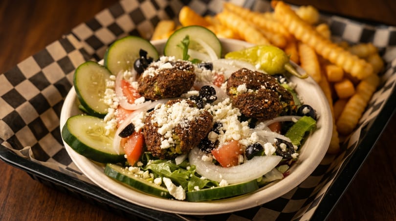 Falafel salad with feta, cucumbers, tomatoes, onions, olives, and a side of crinkle-cut fries.