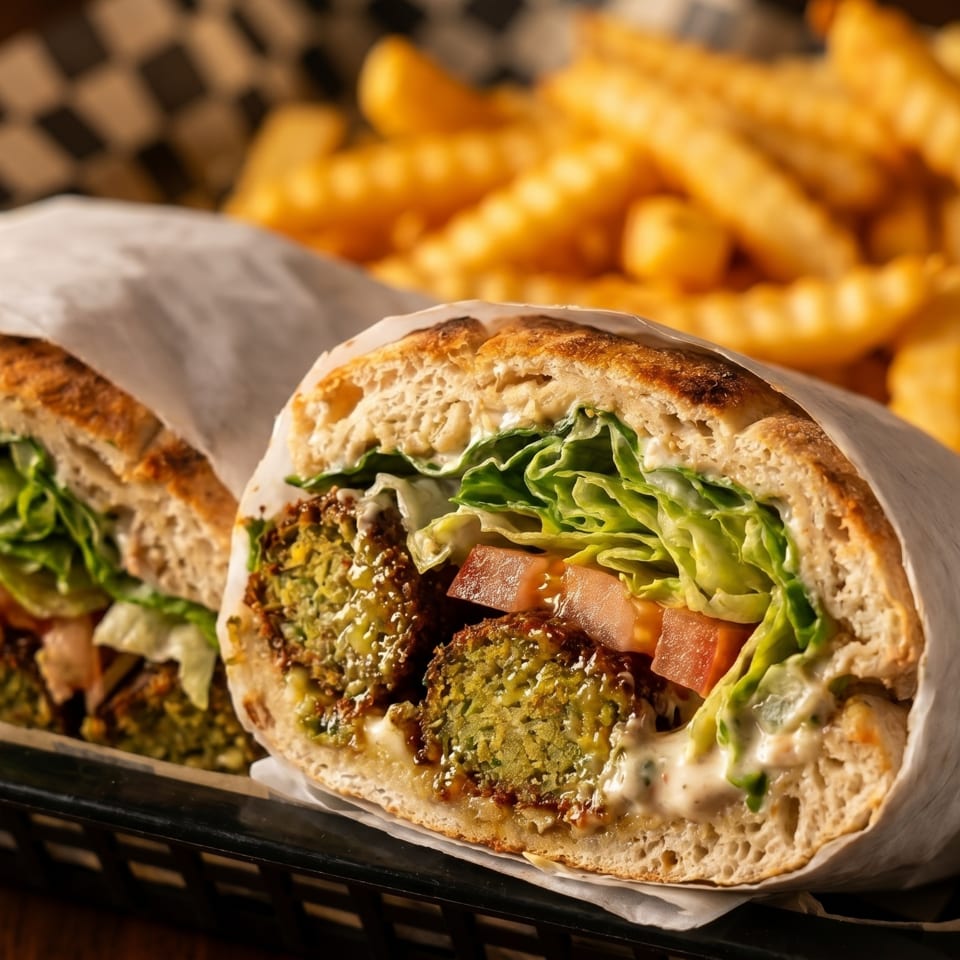 Two falafel sandwiches with lettuce, tomato, and sauce, served with crinkle-cut fries in a basket.