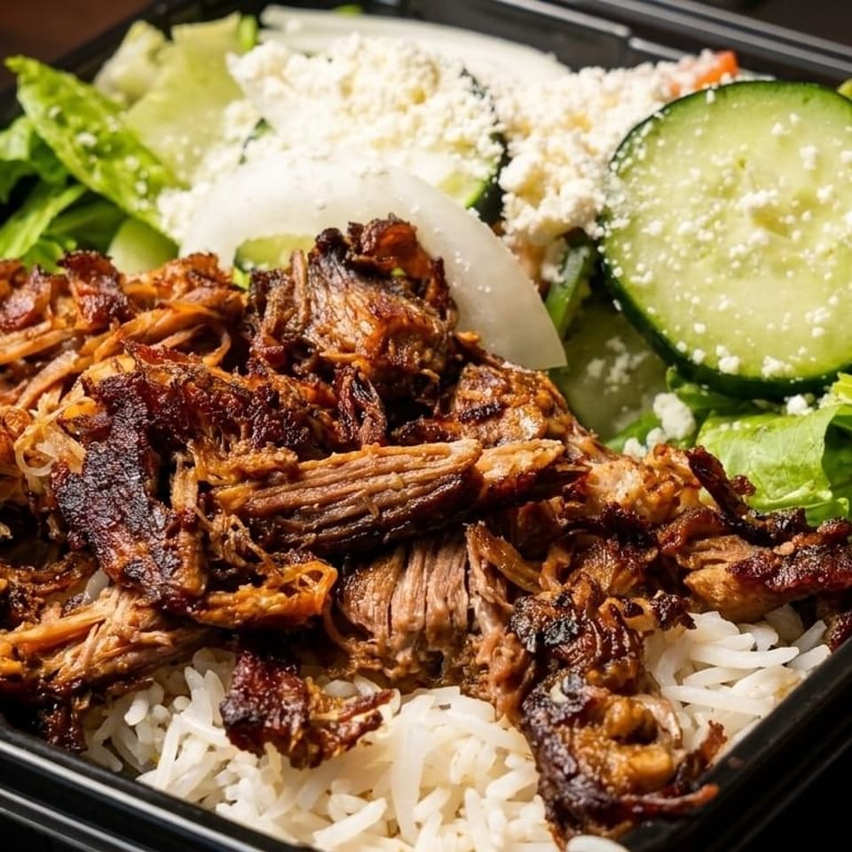 Shredded meat and rice with a side salad of lettuce, cucumber, tomato, and feta cheese.