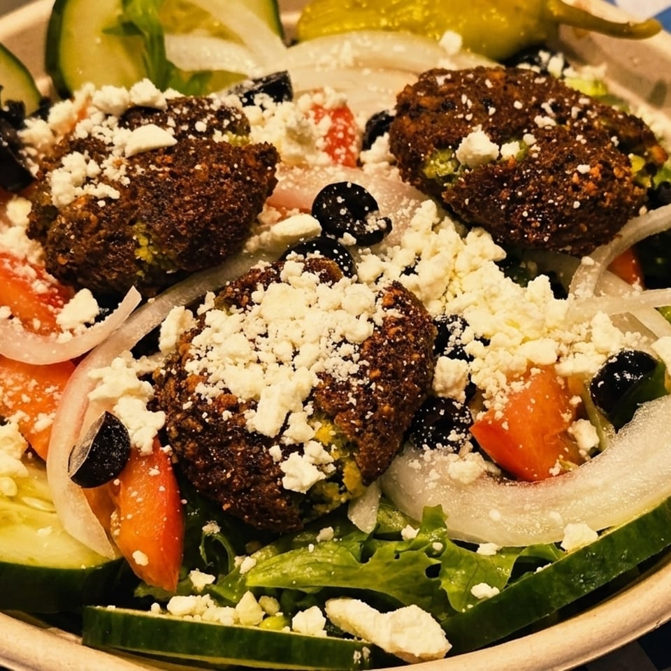 Falafel salad with cucumbers, tomatoes, onions, olives, and feta cheese, served with pita and tzatziki.