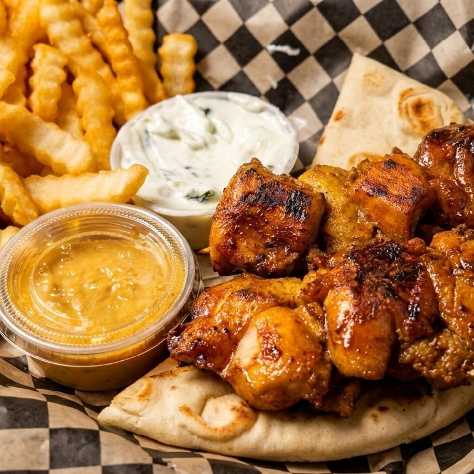 Grilled chicken skewers, crinkle-cut fries, pita bread, and two dipping sauces on checkered paper.