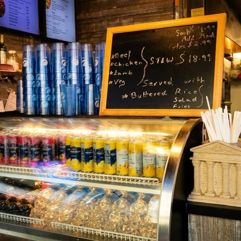 Restaurant counter with a chalkboard menu, drink cooler, and straw dispenser.