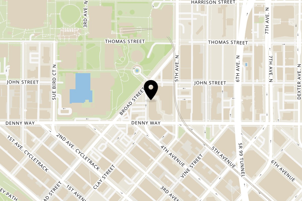 Map showing the location of Grecian Corner on 100 4th Ave N #160 in Seattle